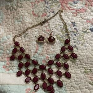 Elegant Gold and Red Statement Necklace and Earring Set